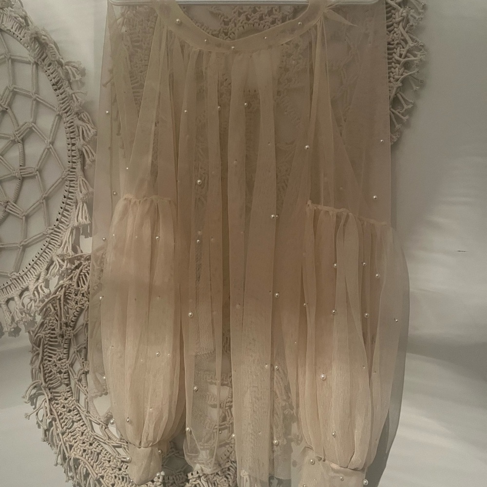 Ultra Pink Sheer Cream Top with Pearl Accents